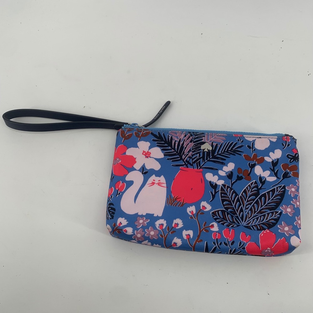 Kate Spade Cat in the Garden Blue Nylon Wristlet Pouch Floral Botanical Pouch